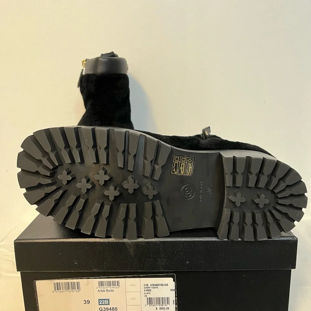 CHANEL Black Shearling Ankle Booties with Logo Cuff